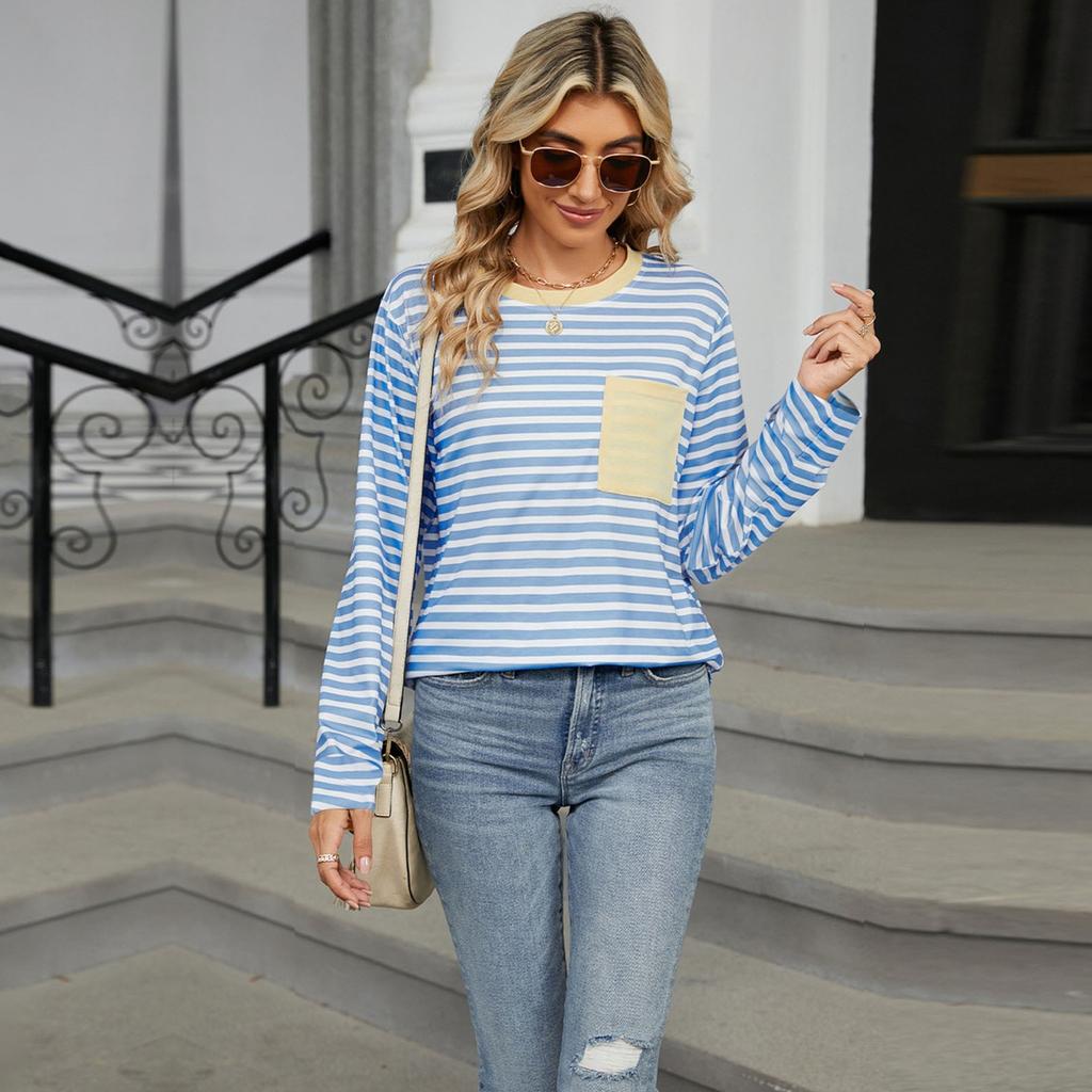 Женский повседневный топ с круглым вырезом и длинными рукавами в полоску с принтом
