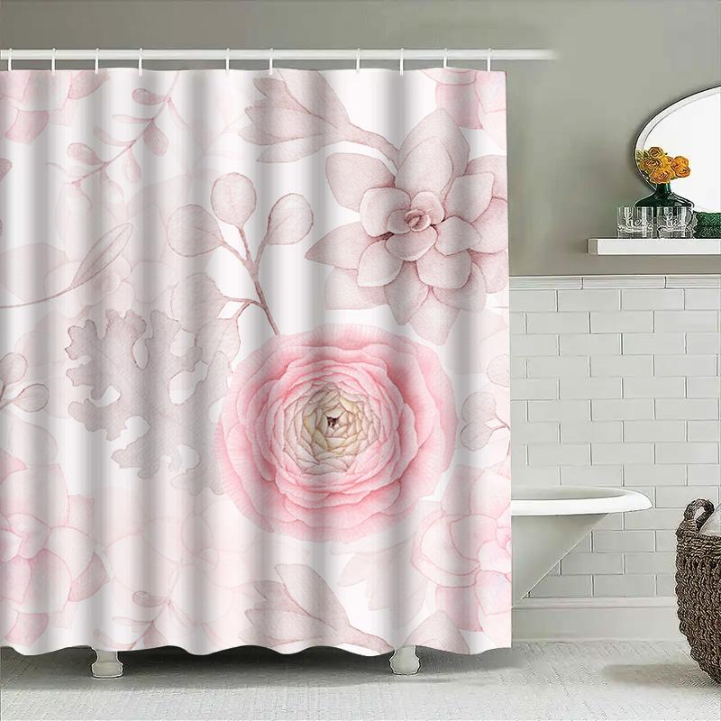 Нежная розовая цветочная шторка для душа Декоративный акварельный принт для ванной комнаты Полиэстеровая ткань с кольцами Доступны различные размеры