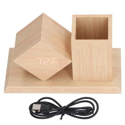 Подставка для ручек Часы Голосовое управление HD LED Дисплей Питание от USB/батареек Деревянный Цифровой Будильник с