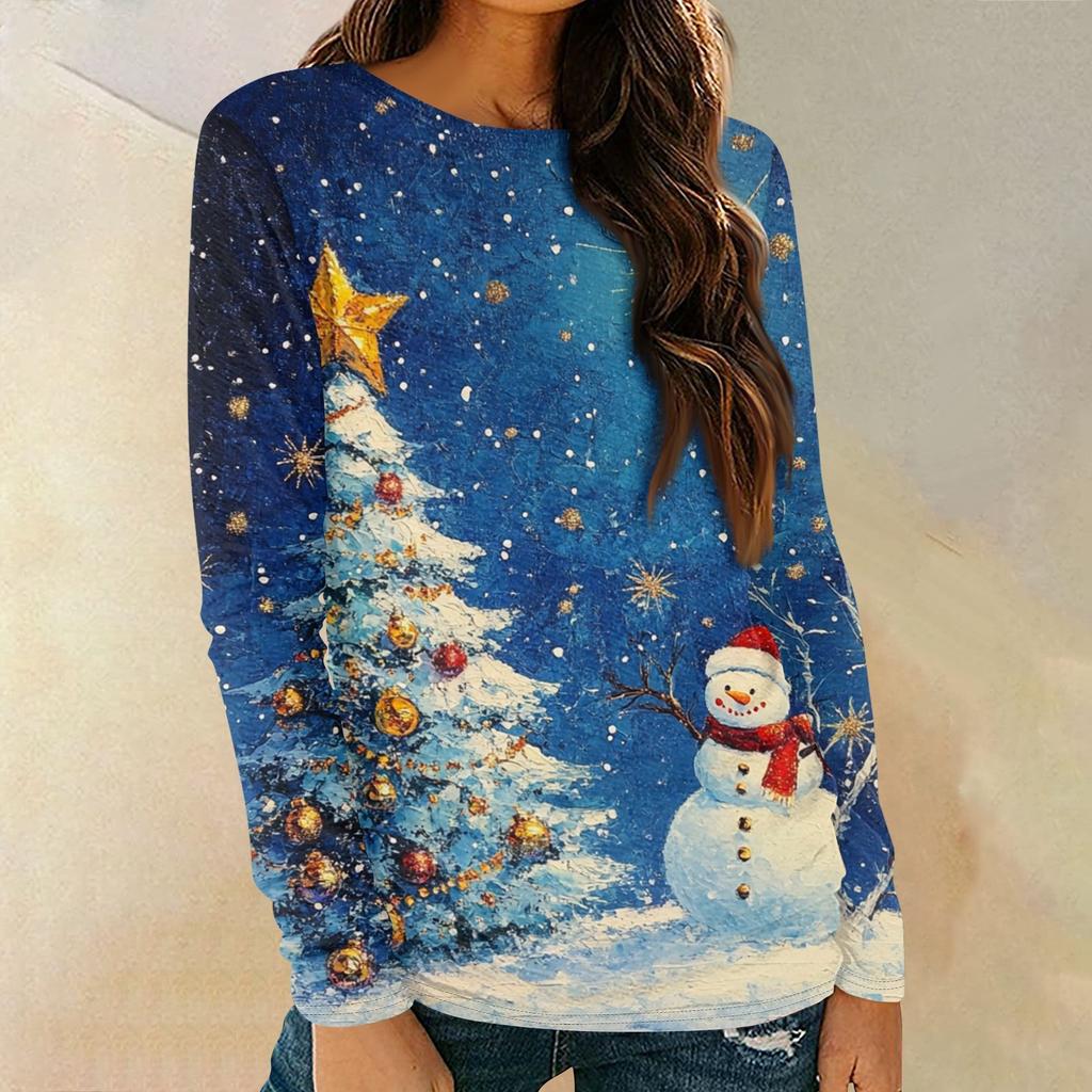 Женская мода круглый вырез пуловер с глубокими рукавами футболка с рождественским принтом топ