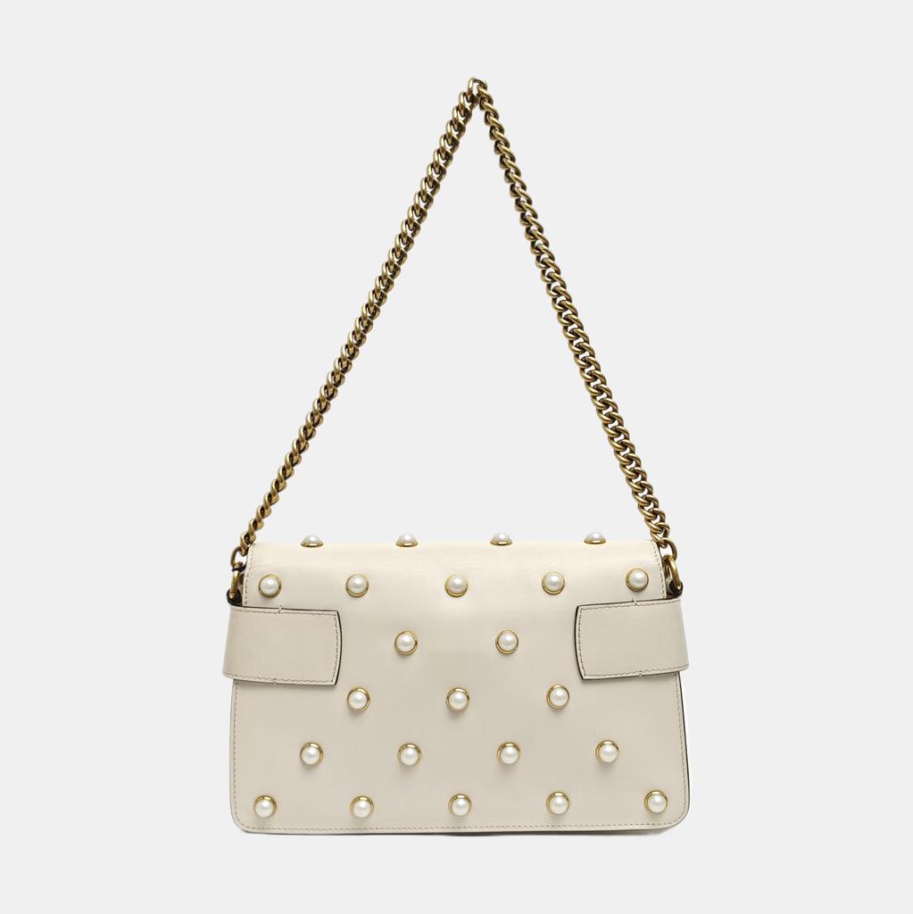 [Pre-Owned] Broadway Metal Bee Pearl Decorated Striped Web Shoulder Strap Canvas And Leather Shoulder Crossbody Bag - Very Good #161EF23