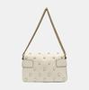 [Pre-Owned] Broadway Metal Bee Pearl Decorated Striped Web Shoulder Strap Canvas And Leather Shoulder Crossbody Bag - Very Good #161EF23
