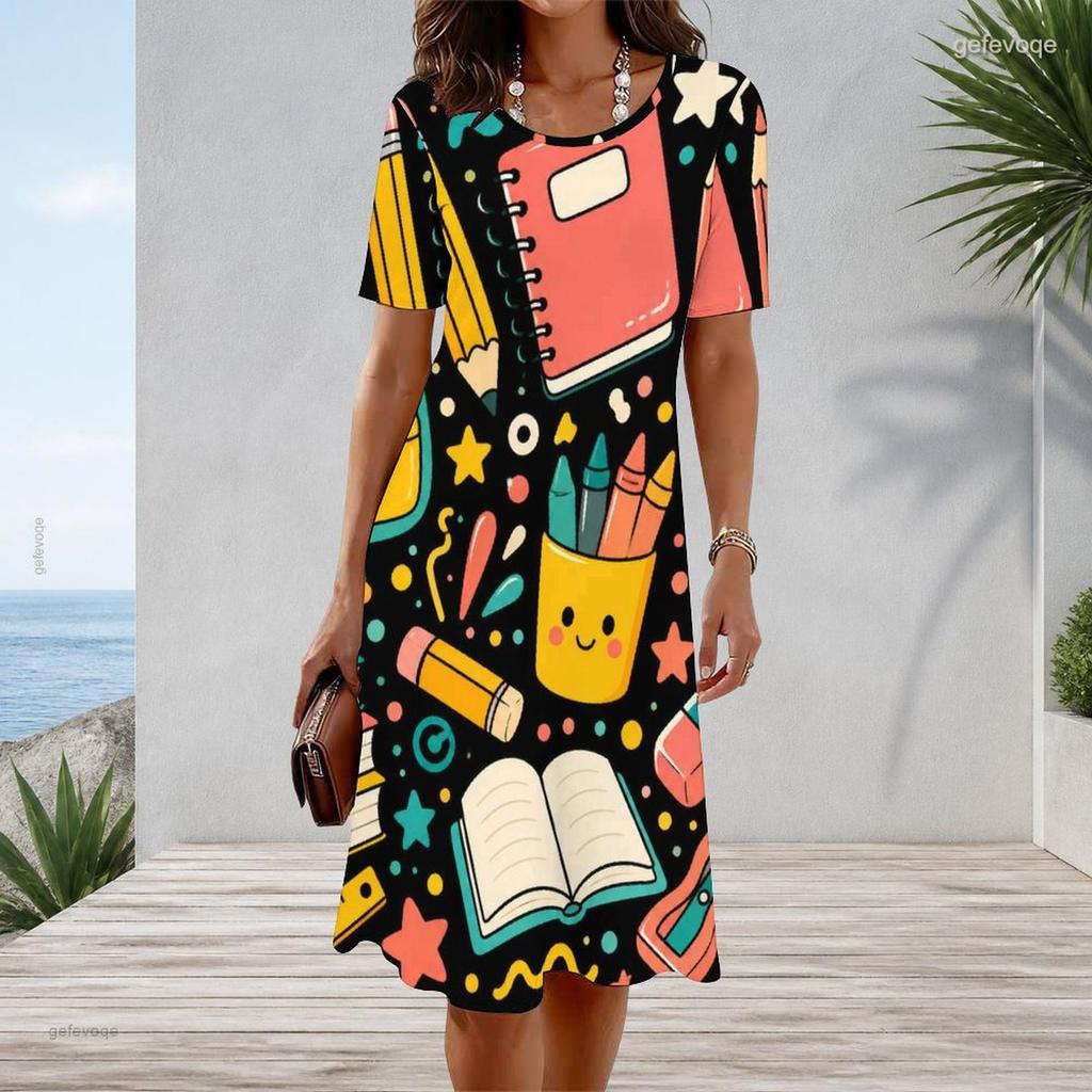 Women Plus Size Round Neck Short Sleeve Cartoon Excavator Printed A Line Dress