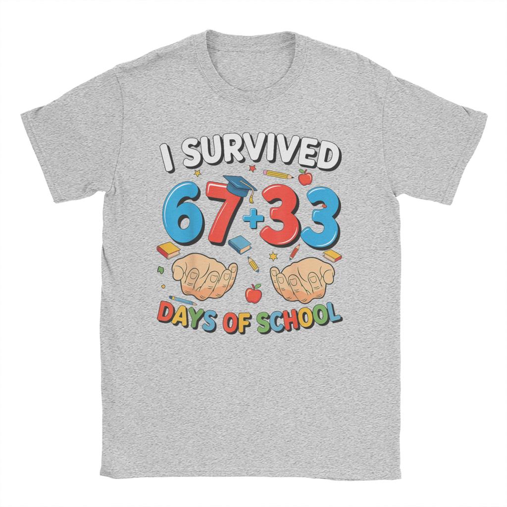 Bruh I Survived 67 33 Days of School 100th Day of School T Shirts Men Cotton Fun TShirts Crewneck Tee Shirt