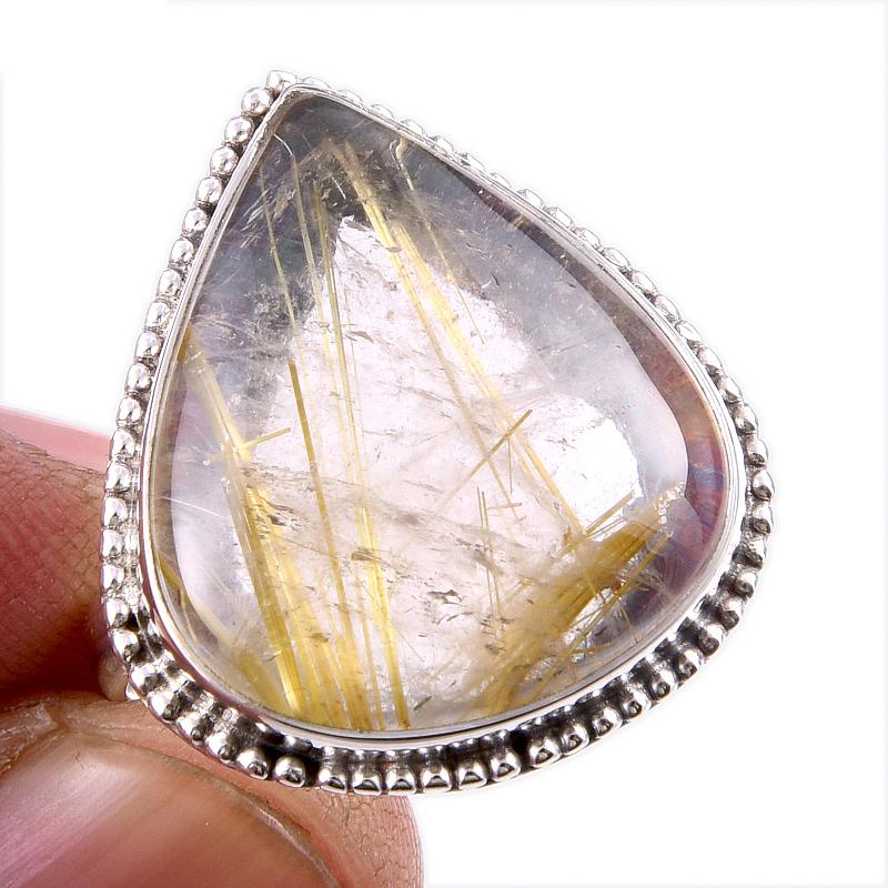 Natural Golden Rutile Gemstone 925 Solid Sterling Silver Jewelry Ring S.7 W8i40