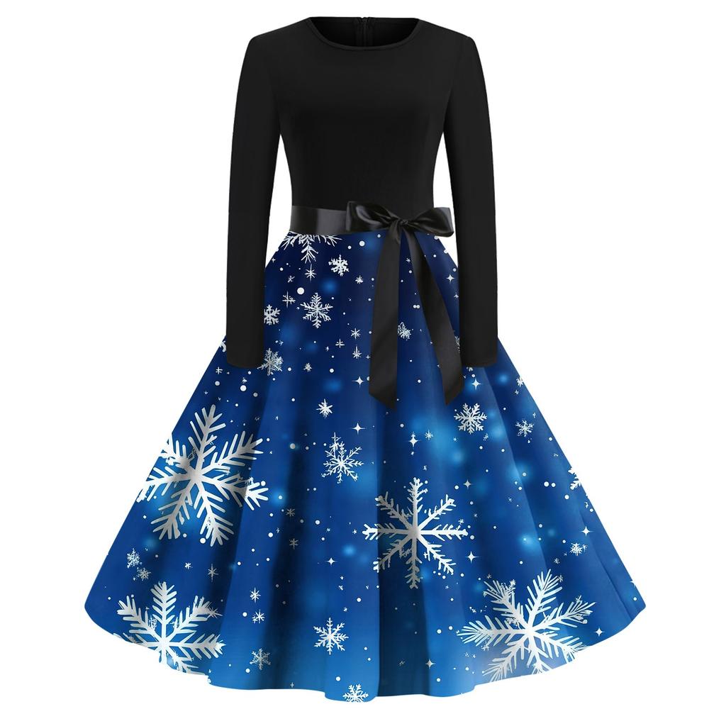 Women's Fashion Vintage Long Sleeve Round Neck Christmas Printed Party Gown Dress