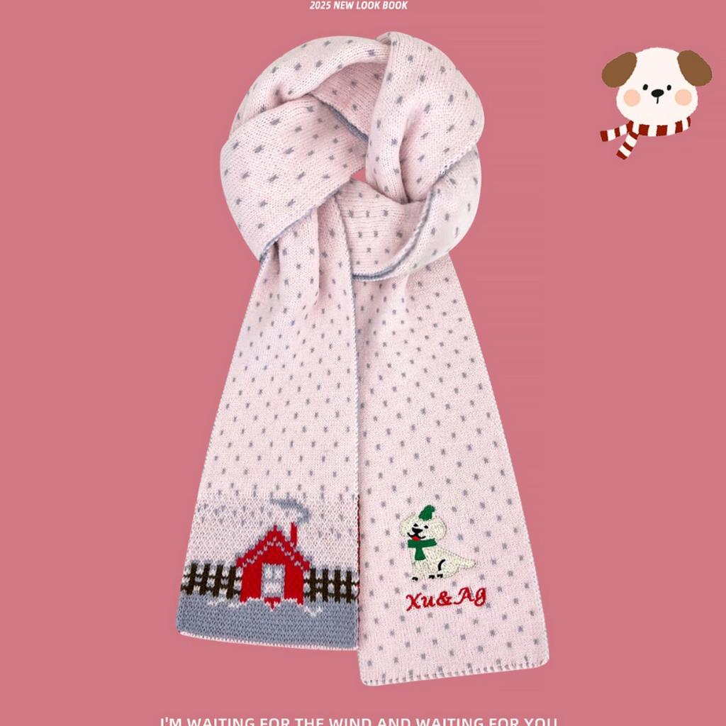 Korean Style Red White Cute Puppy Scarf Autumn and Winter New Style Gentle and Sweet Atmosphere Warm Knitted Small Scarf