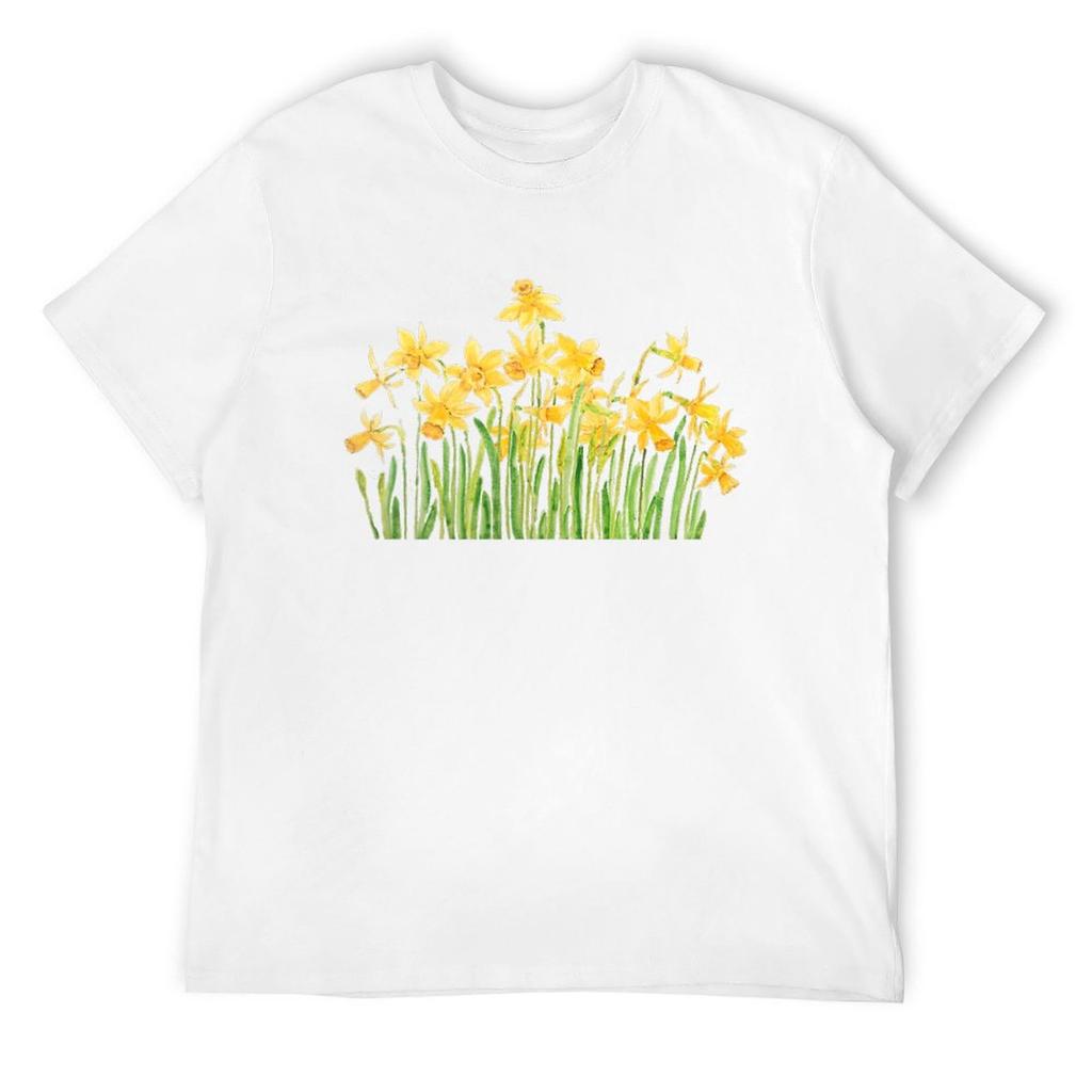 yellow daffodils field watercolor T-Shirt plain anime figures oversized t shirt men