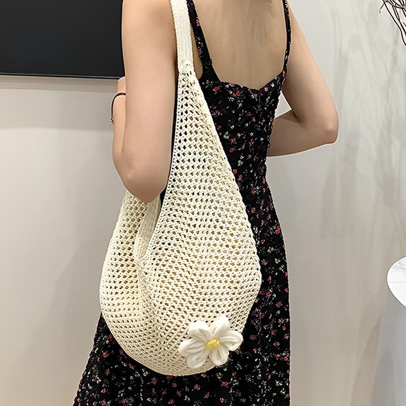 Women'S Braided Bag Korean Style Shoulder Tote Bag Lazy Style Knitted Hollow Flower Beach Bag