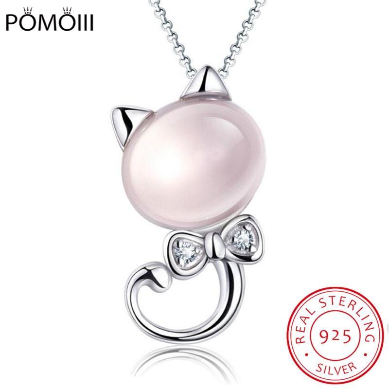 Ожерелье с подвеской в виде кошки из розового лунного камня 925 пробы для женщин, подарочное ожерелье из звеньевой цепи 45 см, подарок на вечеринку в честь Дня святого Валентина