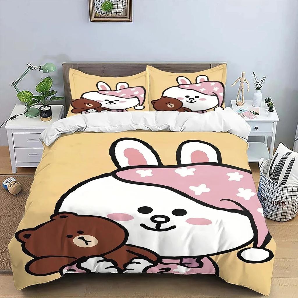 Cartoon B-Brown Bear and C-Cony printed duvet cover and pillowcase, double bedding set, bedroom decoration, gift for girls boys