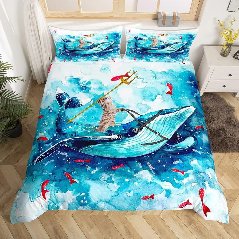 Cat Duvet Cover Set Watercolor Whale Fishing Bedding Set Ocean Sea Wave Comforter Cover Marine Nautical Themed Bedspread Cover