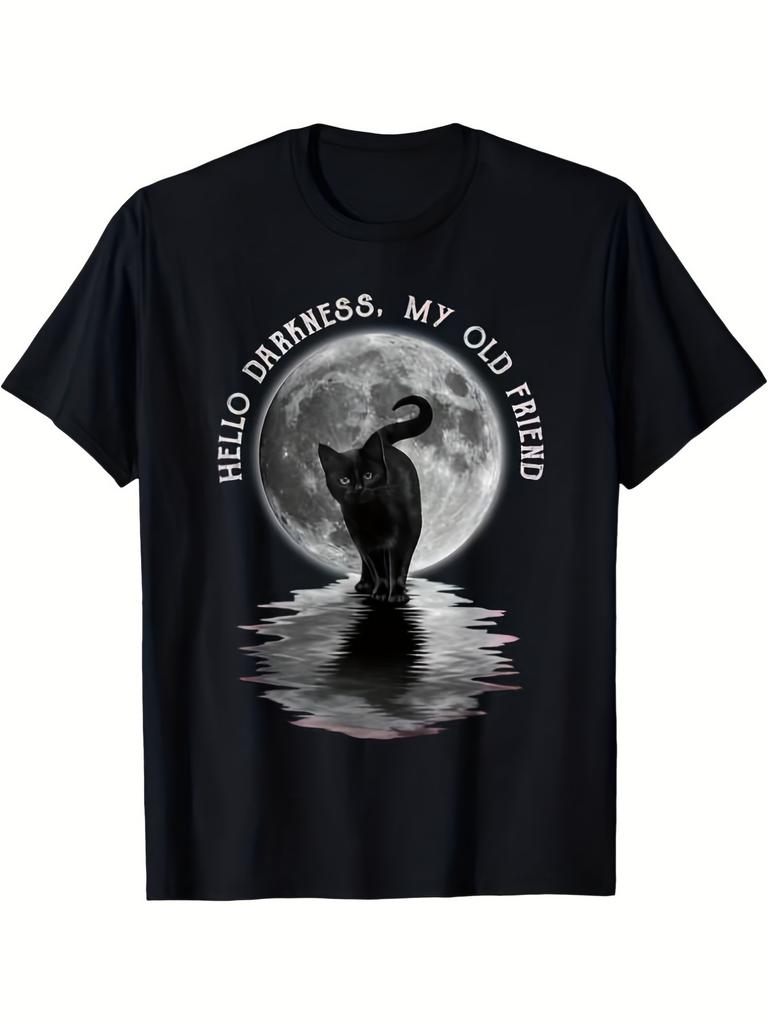 Men'S & S Black Cat Moon Halloween T-Shirt Gothic Hello Darkness My Old Friend Graphic Print Soft Breathable Crew Neck Unisex Casual & Costume Party S