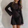 Women's Sexy Sheer Mesh Swimsuit Cover Up Round Neck Long Bell Sleeves Beach Bodycon Mini Dress Summer Bikini Cover-up