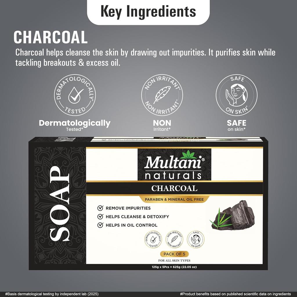 Мыло Multani Naturals с древесным углем для жирной кожи, глубоко очищающее, глицериновое мыло, упаковка 125 г, 5 шт., без парабенов, гель для душа