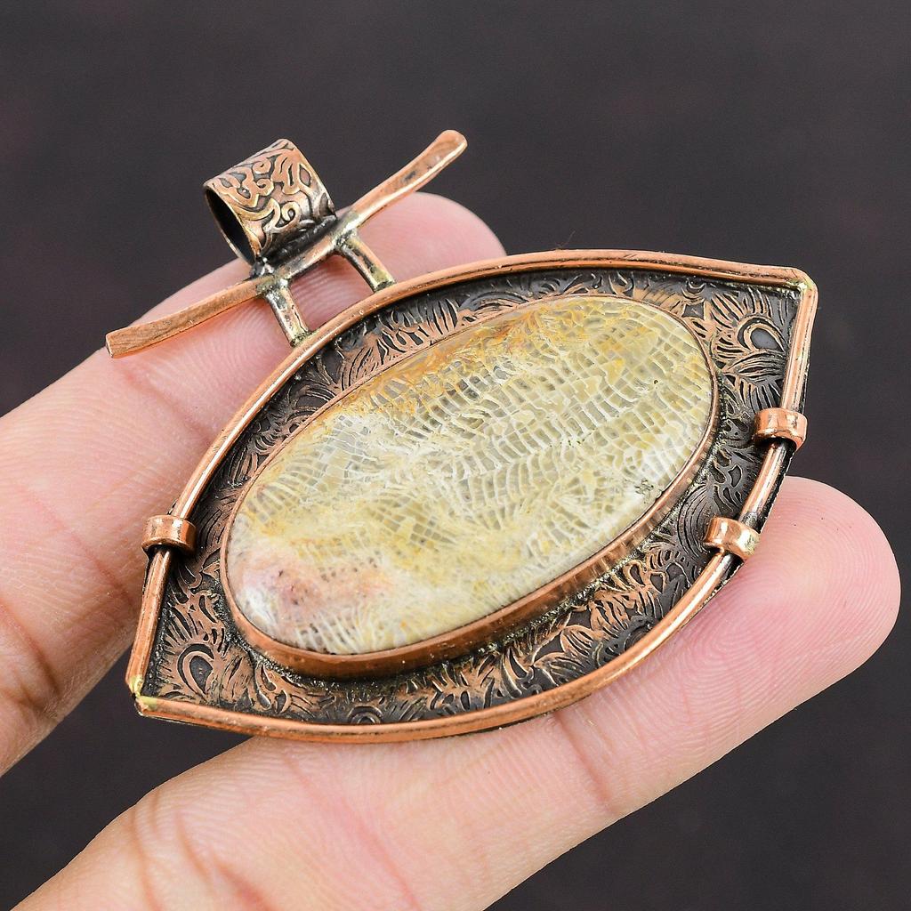 Подвеска из ископаемого коралла, медная подвеска, подвеска из драгоценного камня, женская подвеска, ювелирные изделия из окисленной меди, подарок для невесты, свадебные украшения, подвеска ручной работы