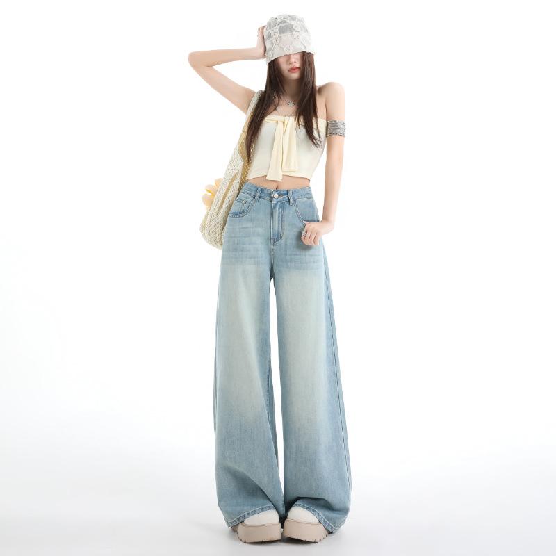 Denim Blue Retro Wide Leg Pants Women's Summer Lyocell Loose Thin Tall Ice Silk Straight Casual Floor Pants