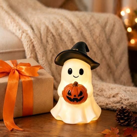 Safety flameless night lights Halloween ghost statues, cute resin holding pumpkins decorate holiday statues for tabletop interior home decoration