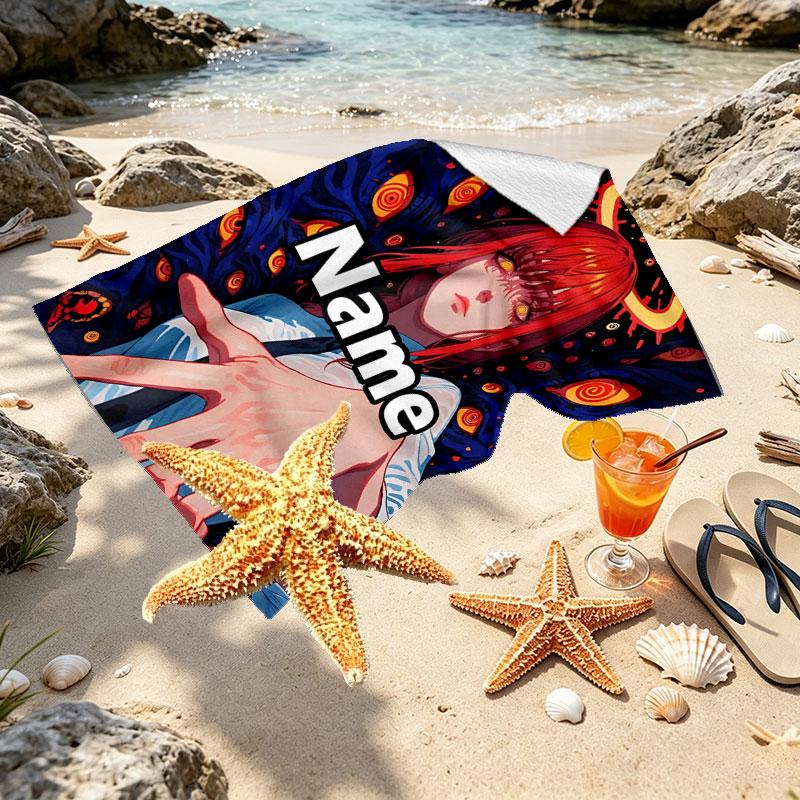 Custom Name Personalized Makima Chainsaw Man Print Beach Towel, for Trip Camping Beach Party Home Decor, Birthday Gift for Family & Friends