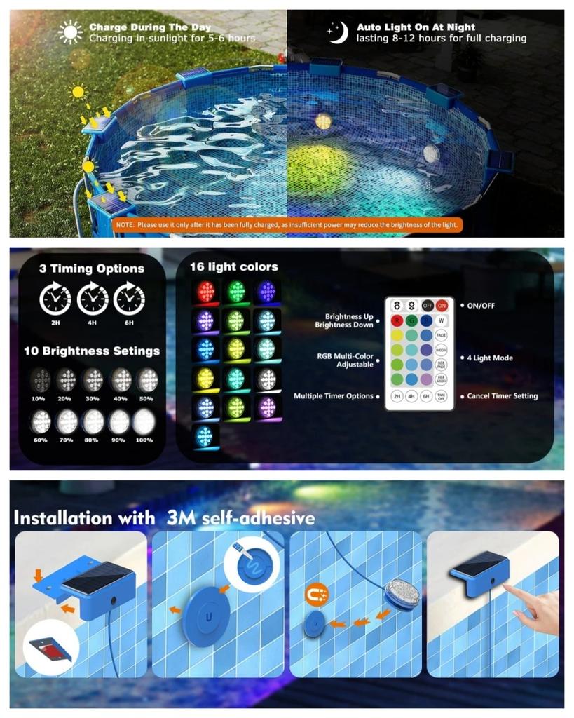 Solar RGB Swimming Pool Underwater Lights IP68 Waterproof Lighting Remote Control Brightness Levels Timer for Pond Pool Lights