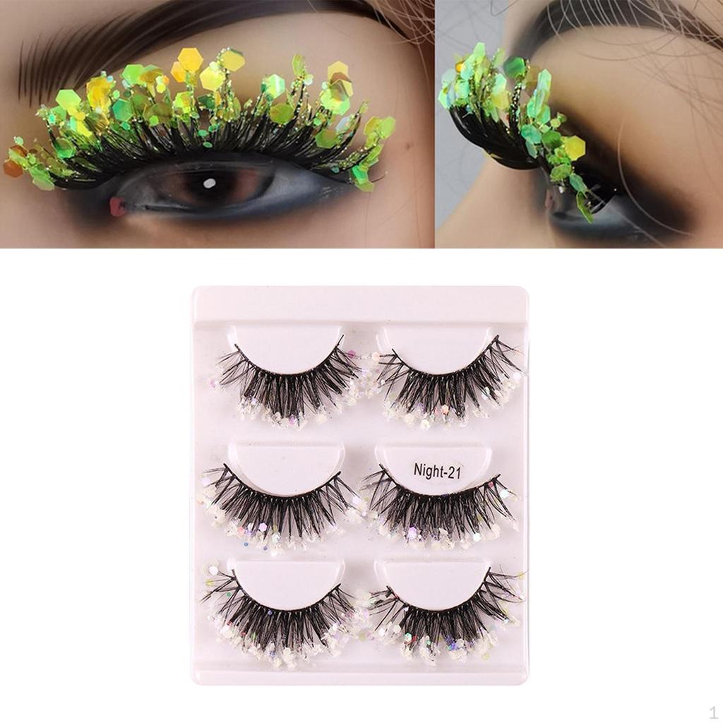 3 Pairs Colorful Luminous Glitter False Eyelashes Fun Decorative Long Dramatic Shiny