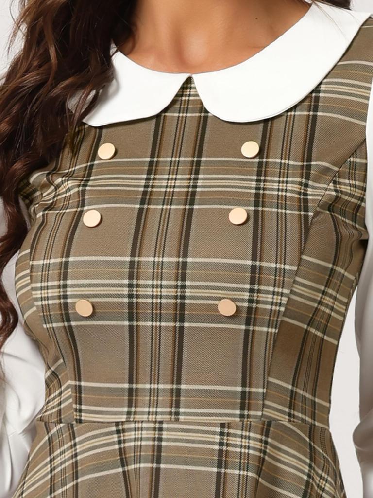 Allegra K Women's Round Collar Dress, Check Pattern, Button-Decorated, Flared A-Line Mini Dress, Brown, Size L