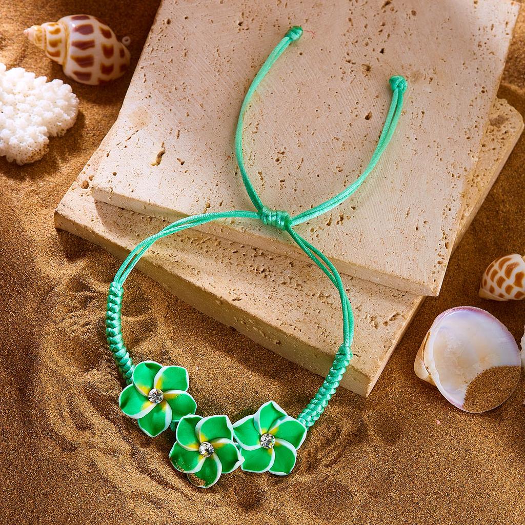 Y2K Aesthetic Plumeria Flower Bracelets for Women Handmade Braided Clay Floral Charm Bracelets Summer Beach Vacation Jewelry