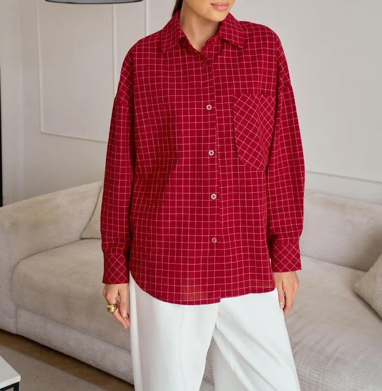 2026 Новая женская клетчатая рубашка с длинным рукавом свободного кроя большого размера - Повседневный и деловой стиль