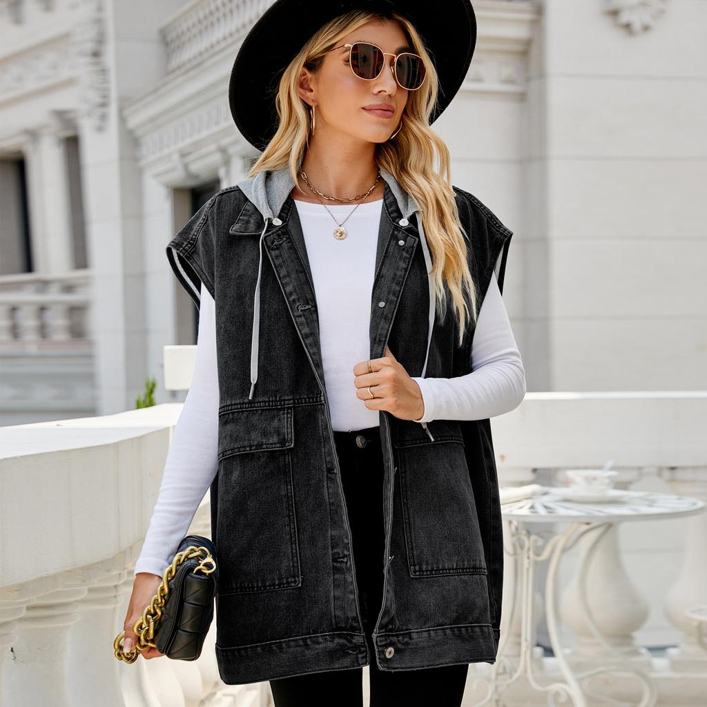 Новый джинсовый жилет, камзол, женский джинсовый жилет без рукавов EBay Fashion Trend, съемный капюшон