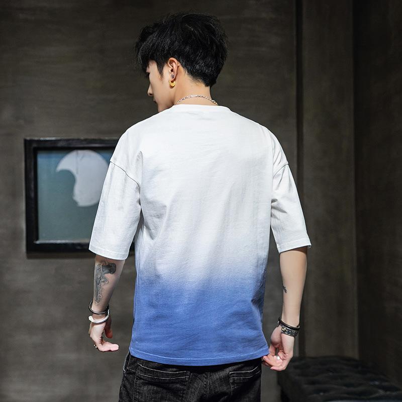 Мужская повседневная футболка с коротким рукавом Лето Новая Мужская Мода Бренд Градиент Свободная Базовая Футболка Чистый Хлопок Футболка с Половиной Рукава