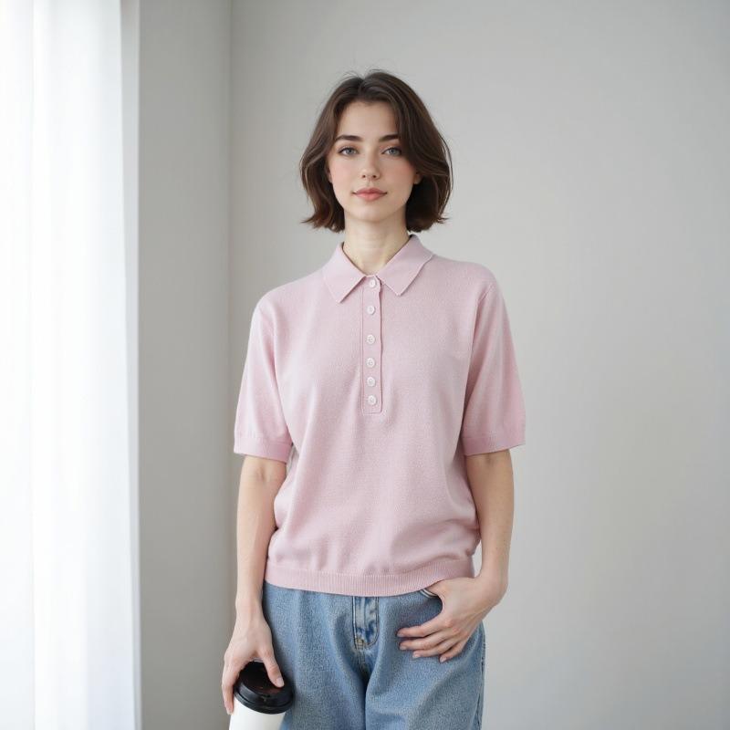 Ease Half Placket Lapel 0 Wool Sweater Women's Early Autumn Short-sleeved Inner Solid Color Simple Pullover Bottoming Shirt