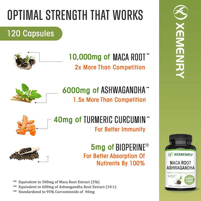 XEMENRY Maca Root, Ashwagandha Complex Capsules, Curcumin, Energy Support, Easily Absorbed