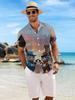 New Men'S Casual Short-Sleeved Shirt Western Town Double Cat Cowboy Duel Festival Party Commuting Versatile Casual Top Polyester Fiber Fabric Machine