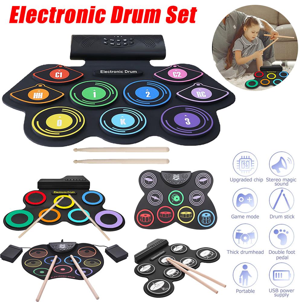 Electronic Drum Set Hand Roll Drum Percussion Instrument 9 Pads BT External Sound Drumsticks Foot Pedal MIDI Interface Speaker
