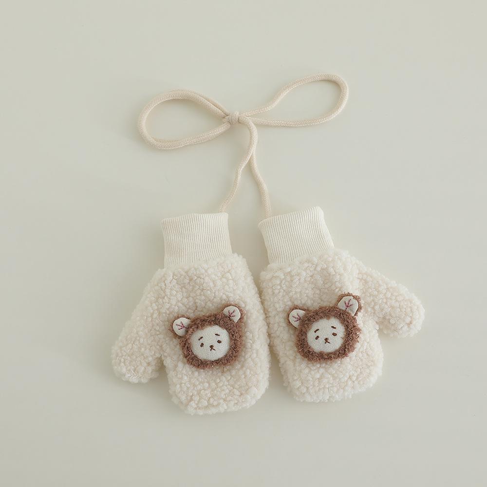1 Pair Kids Winter Mittens Cute Bear Hanging Neck Gloves Fleece Lined Warm Thick Velvet Mittens For Toddler Baby Boys Girls