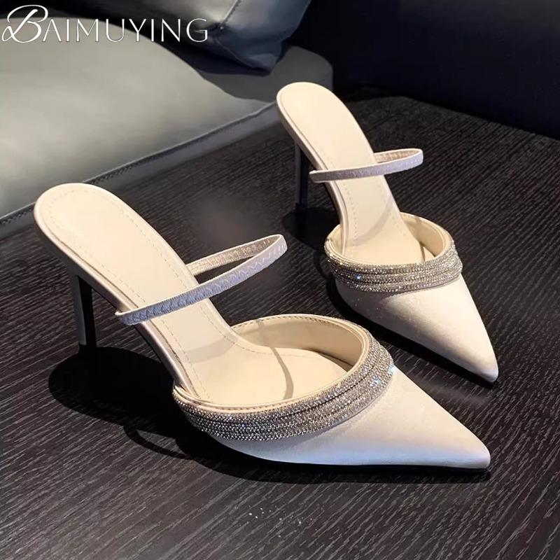 Fashion Crystal Women Heeled Sandals High Heels Slippers Pointed Toe Mules Summer 2025 Trend Sexy Dress Party Pumps New Sandalias Mujer