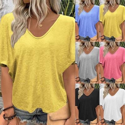 Женская рубашка с V-образным вырезом, плиссированная футболка, свободный крой, короткие рукава