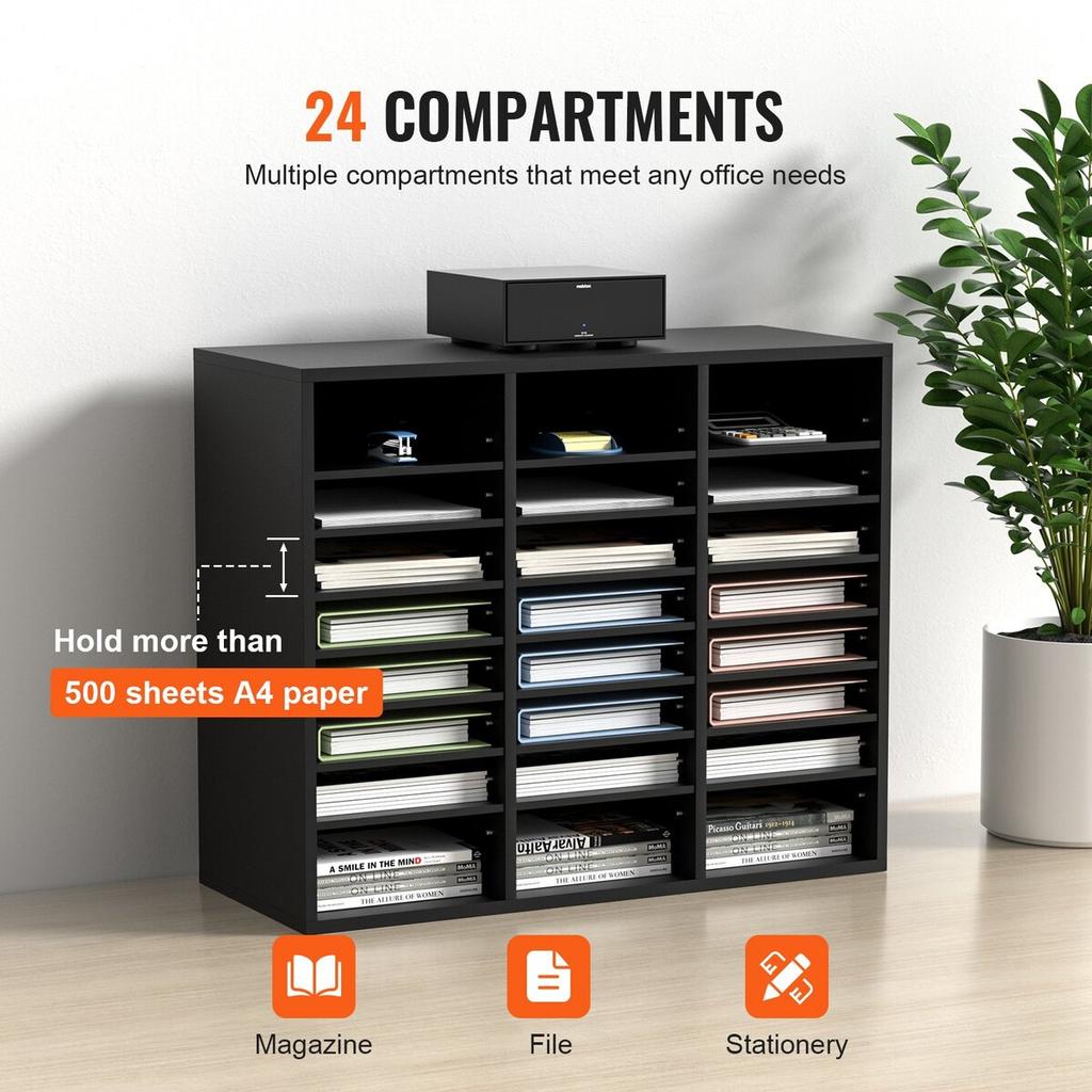 Wood Literature Organizer, 24 Compartments, File Sorter with Removable Shelves, Mailboxes Slot for Office Home Classroom Mailrooms Organization, EPA