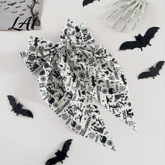 Comfortable Spring Clip Hairpin Halloween Bow Hair Clips for Women Pumpkin Skeleton Ghost Hand Printed Fabric Barrettes Cute Horror Accessories