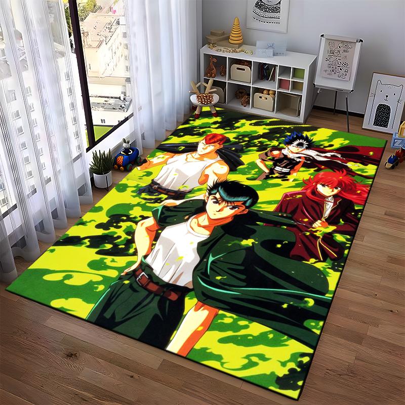 "Anime Style Green Camouflage Carpet with Bold Vibrant Characters Print" Suitable for use as an anti-slip for living room bedroom sofas