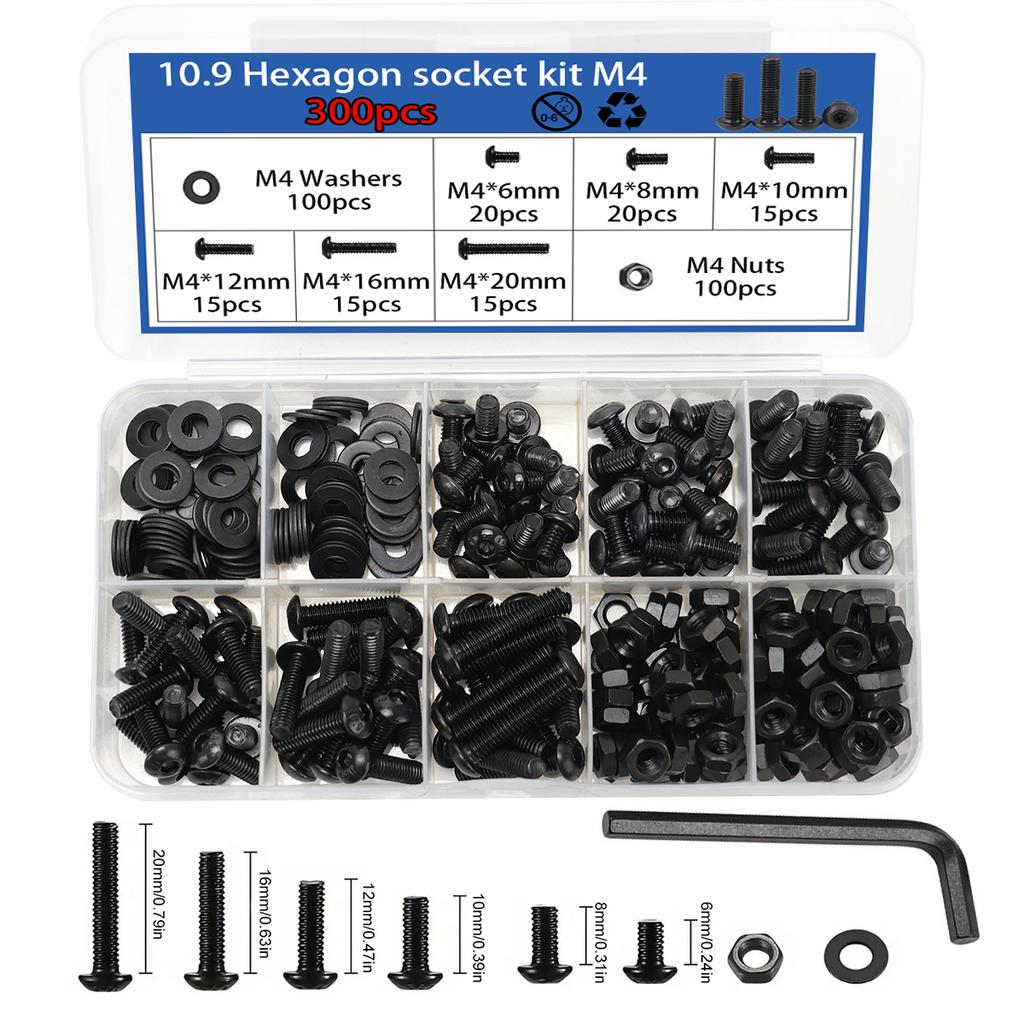 300pcs M4 Black Hex Pan Head Screws and Nuts Set, Black Round Cup High Strength Screws