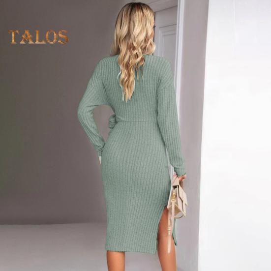 Women Spring Fall Dress Cross V Neck Lace-up Slim Fit Sheath Long Sleeves Knee Length Knitted Slim Fit Elastic Midi Dress Shopping Dating Dress
