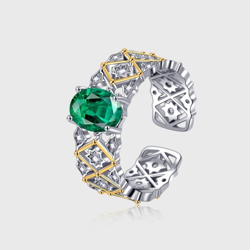 S925 Sterling Silver Emerald Diamond Ring Women'S Medieval Lace Electroplated Gold Light Luxury Open Index Finger Ring Retro Style