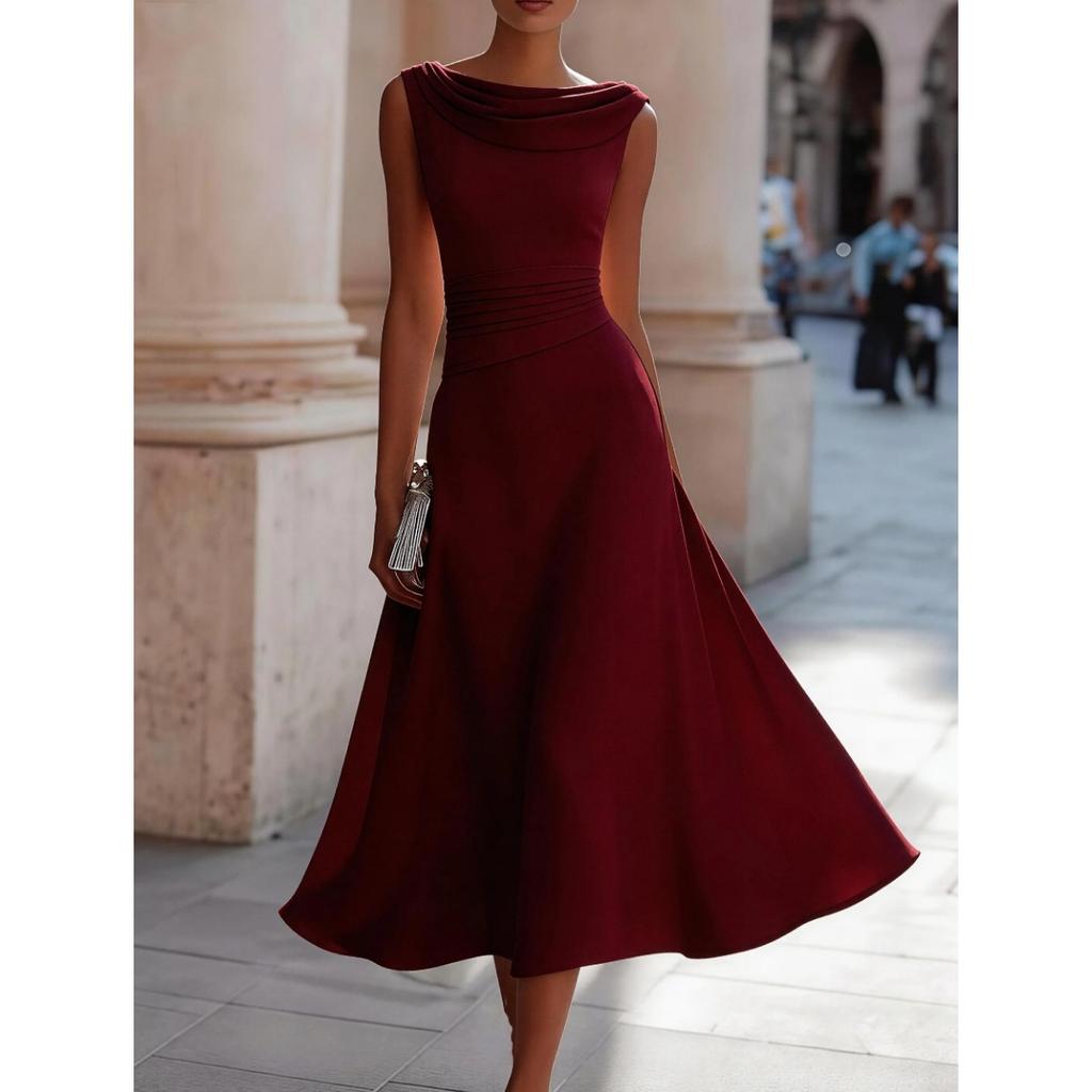 Summer Cowl Neck Sleeveless Dress, High Waist Flowy Mid Length Party Dress for Women