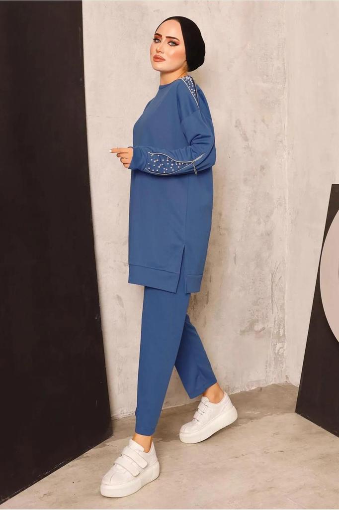 Женский комплект из длинной туники и брюк в хиджабе с жемчугом и молнией
