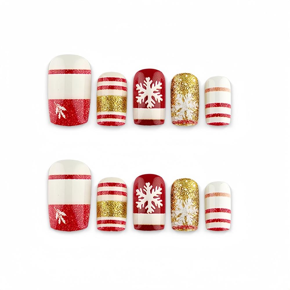 Christmas Short Square Wearable Nails Red And White Candy Cane Gold Glitter Snowflake Christmas Manicure Removable Fake Nails