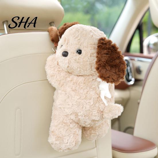 Auto Paper Towel Storage Cute Animal Car Tissue Holder, Plush Bear/Dog/Cat/Panda/Raccoon Hanging Napkin Dispenser with Soft Velvet Wide Strap,