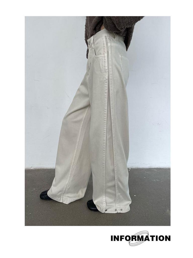 Женские джинсы цвета экрю с высокой посадкой в стиле ретро и широкими штанинами, осень/зима 2025: Свободные, стройнящие брюки прямого кроя длиной до пола.