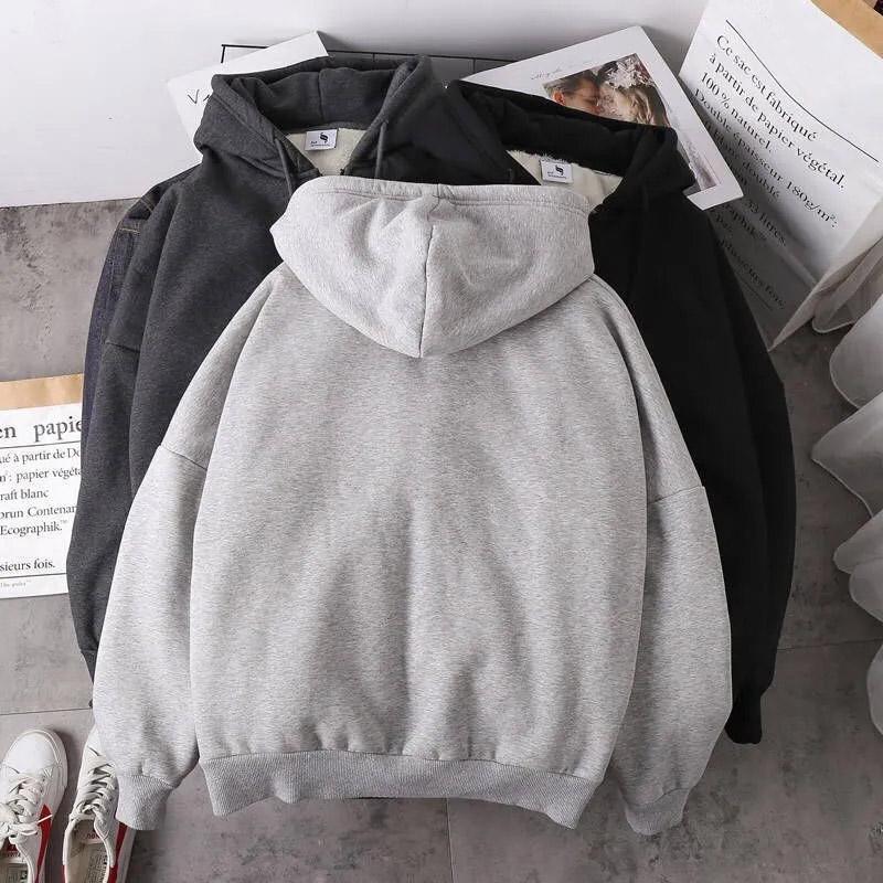 Men's Autumn and Winter Loose Casual Padded Sweatshirt Solid Color Hooded Zipper Jacket