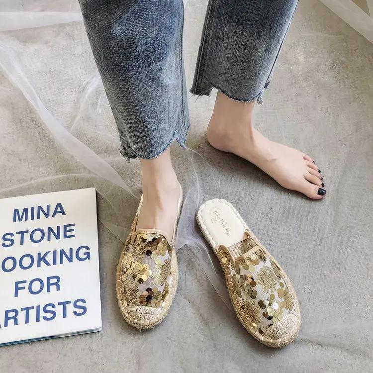 Fashion Sequined Slippers Women's Summer All-match Flat Sandals Women Retro Mesh Lace Slippers Fashion Loafers Bling Muller Shoes